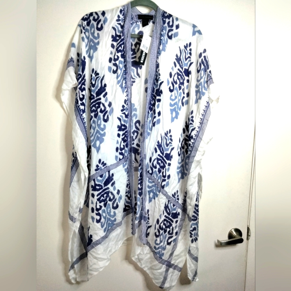 Steve Madden (Size OSFM) White & Blue Patterned Open Front Kimono (NEW-NWT)